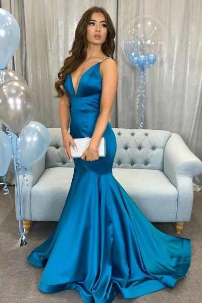 SP1485,Simple v neck peacock blue satin mermaid long prom dress trumpet blue evening dress