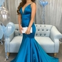 SP1485,Simple v neck peacock blue satin mermaid long prom dress trumpet blue evening dress-1