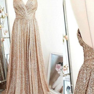 Sp1490,spaghetti straps gold sequins sheath open back long prom dresses - Thumbnail 4