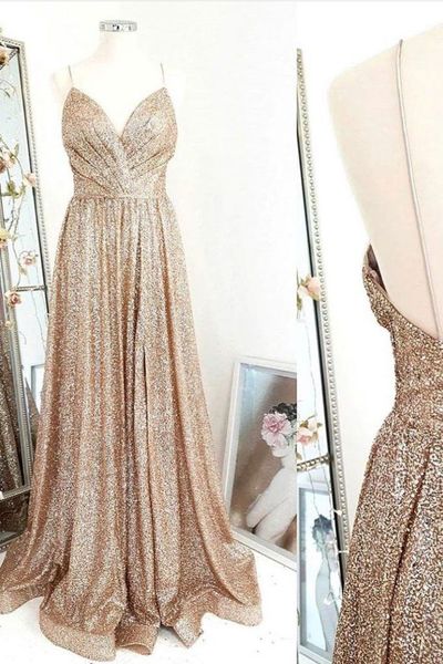 SP1490,Spaghetti Straps Gold Sequins Sheath Open Back Long Prom Dresses