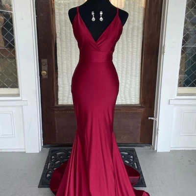 Sp1497,simple mermaid v neck burgundy satin long prom dresses - Thumbnail 4