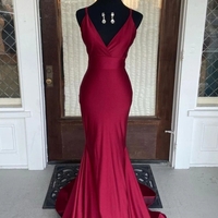 SP1497,Simple Mermaid V Neck Burgundy Satin Long Prom Dresses - Thumbnail 1