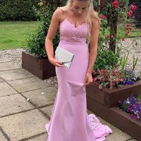 SP1500,Mermaid Sweetheart Pink Elastic Satin Evening Party Dresses with Lace - Thumbnail 1