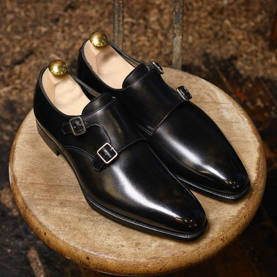 Men Black Leather Double Monk Dress Partywear Formal Event Handmade Shoes