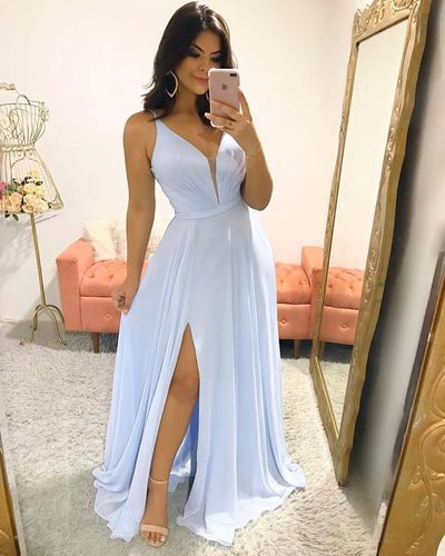 SP1503,Simple A Line V Neck Split Light Blue Chiffon Prom Dresses,Evening Party Dresses