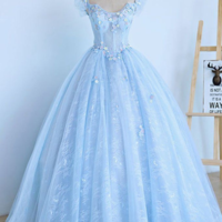 SP1507,Light Blue Lace Cap Sleeve Long Sweet 16 Prom Dress,Lace Evening Dress - Thumbnail 1
