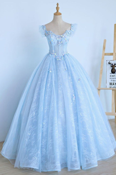 SP1507,Light Blue Lace Cap Sleeve Long Sweet 16 Prom Dress,Lace Evening Dress
