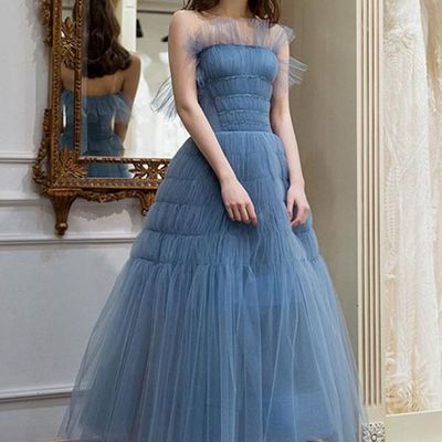 Sp1508,eleagnt strapless tulle a line tea length prom dress with pleats