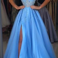 SP1511,V Neck Slit Side Blue Prom Dresses with Beaded - Thumbnail 1