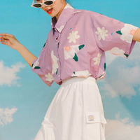 Pastel Color Flower Floral Short Sleeve Shirt - Thumbnail 2