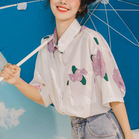 Pastel Color Flower Floral Short Sleeve Shirt - Thumbnail 5