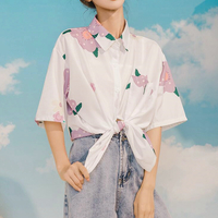 Pastel Color Flower Floral Short Sleeve Shirt - Thumbnail 6
