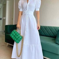 Solid Color High Waist Temperament Puff Sleeve Dress - Thumbnail 2