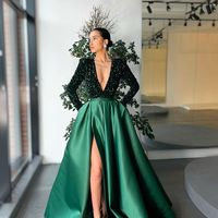 Gorgeous Ball Gown V Neck Long Sleeves Dark Green Prom Dresses with Pockets - Thumbnail 1