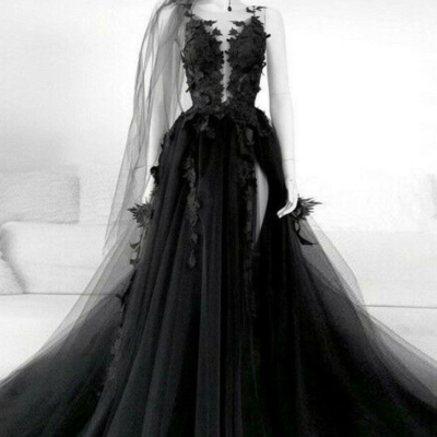 Beauty tulle long prom dress black lace evening dress - Thumbnail 5
