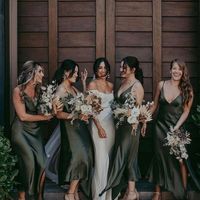 Romantic Sheath V Neck Straps Dark Green Silk Satin Bridesmaid Dresses with Split - Thumbnail 1