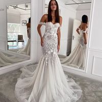Romantic Mermaid Off the Shoulder Tulle Lace Wedding Dresses - Thumbnail 1