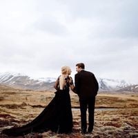 A-Line Long Sleeve Black Chiffon Wedding Dresses with Lace Appliques - Thumbnail 1