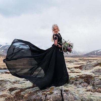 A-line long sleeve black chiffon wedding dresses with lace appliques - Thumbnail 3