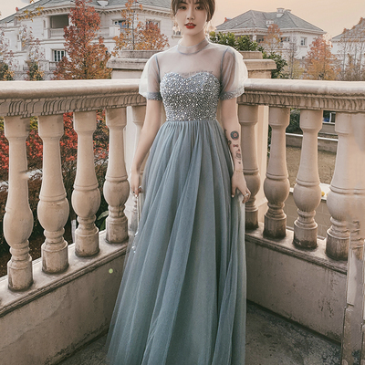 Blue tulle beads long a line prom dress evening dress - Thumbnail 4