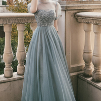 Blue tulle beads long A line prom dress evening dress - Thumbnail 3