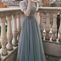 Blue tulle beads long A line prom dress evening dress - Thumbnail 4