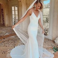 Mermaid V Neck White Wedding Dresses - Thumbnail 1
