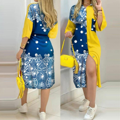 Design printed long sleeve casual dress - Thumbnail 2