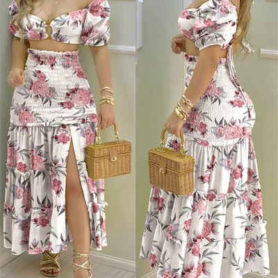 Sexy chiffon short sleeve floral two-piece set - Thumbnail 3