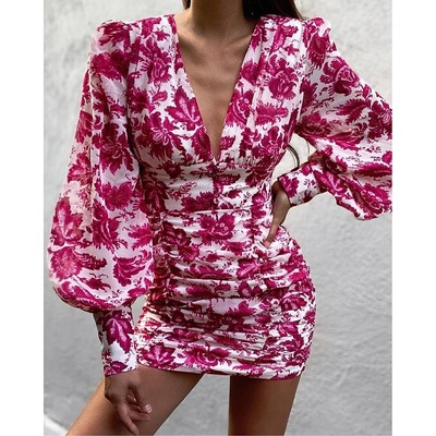 Women'S Temperament Long-Sleeved Skinny Chiffon Print Dress