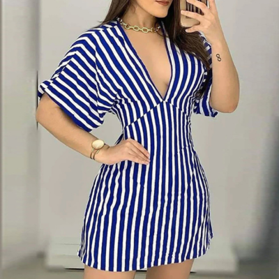 Deep v-neck short-sleeved striped sexy dress