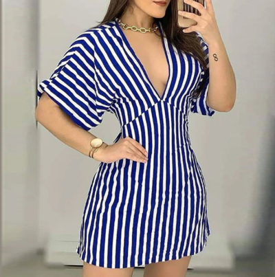 Deep V-Neck Short-Sleeved Striped Sexy Dress