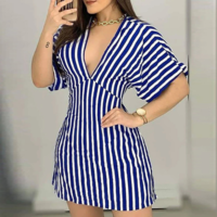 Deep V-Neck Short-Sleeved Striped Sexy Dress - Thumbnail 1