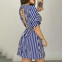 Deep V-Neck Short-Sleeved Striped Sexy Dress - Thumbnail 2