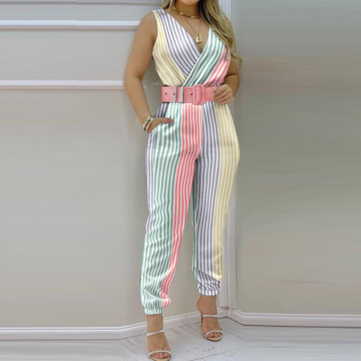 Women's striped v-neck vest sleeveless jumpsuit
