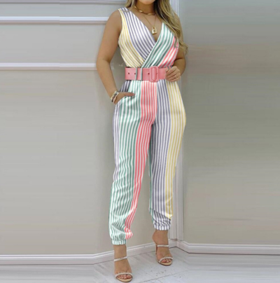 Women's Striped V-neck Vest Sleeveless Jumpsuit