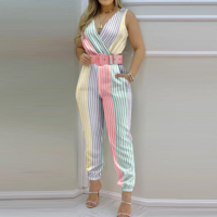 Women's Striped V-neck Vest Sleeveless Jumpsuit - Thumbnail 1