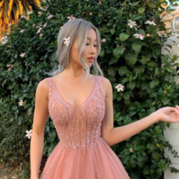 Sexy A Line V Neck Pink Prom Dress With Beading - Thumbnail 1