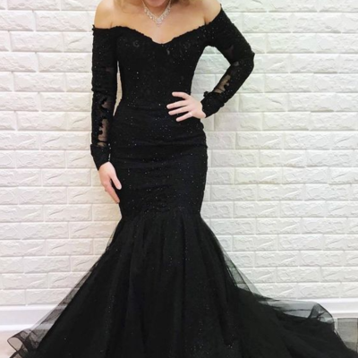 Off shoulder mermaid black prom dress with lace - Thumbnail 3