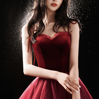 Burgundy tulle short A line prom dress party dress - Thumbnail 1