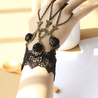 Free ship -goth black lace applique rococo victorian slave bracelet with black satin roses - Thumbnail 4