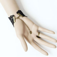 FREE SHIP -GOTH BLACK LACE APPLIQUE ROCOCO VICTORIAN SLAVE BRACELET WITH BLACK SATIN ROSES - Thumbnail 2