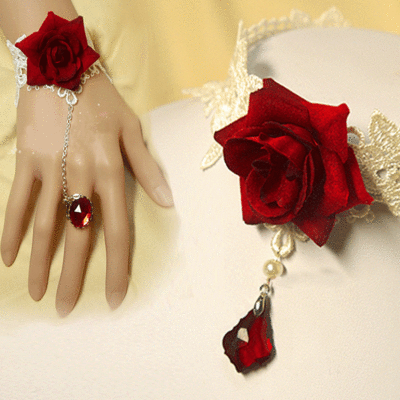 Gothic goth french venice lace red flower patch necklace bracelet set