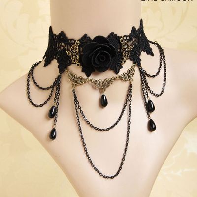 Lace crochet rose flower gothic black wood beaded choker necklace