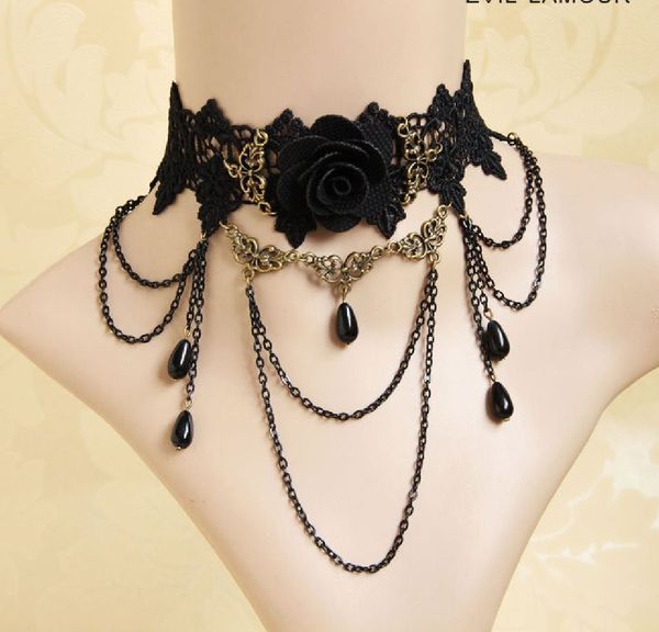 LACE CROCHET ROSE FLOWER GOTHIC BLACK WOOD BEADED CHOKER NECKLACE