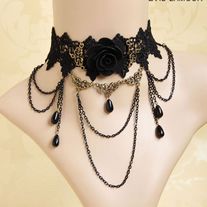 LACE CROCHET ROSE FLOWER GOTHIC BLACK WOOD BEADED CHOKER NECKLACE