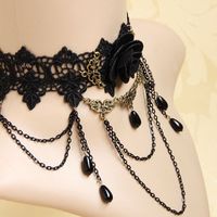 LACE CROCHET ROSE FLOWER GOTHIC BLACK WOOD BEADED CHOKER NECKLACE - Thumbnail 1