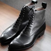 Mens Luxury Black Leather Oxfords Cap Toe Ankle High Dress Handmade Boot - Thumbnail 1