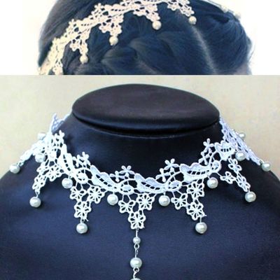 Rococo pearl handmade lace white choker necklace/hairpiece - Thumbnail 5
