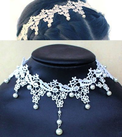 Rococo Pearl Handmade Lace White Choker Necklace/Hairpiece